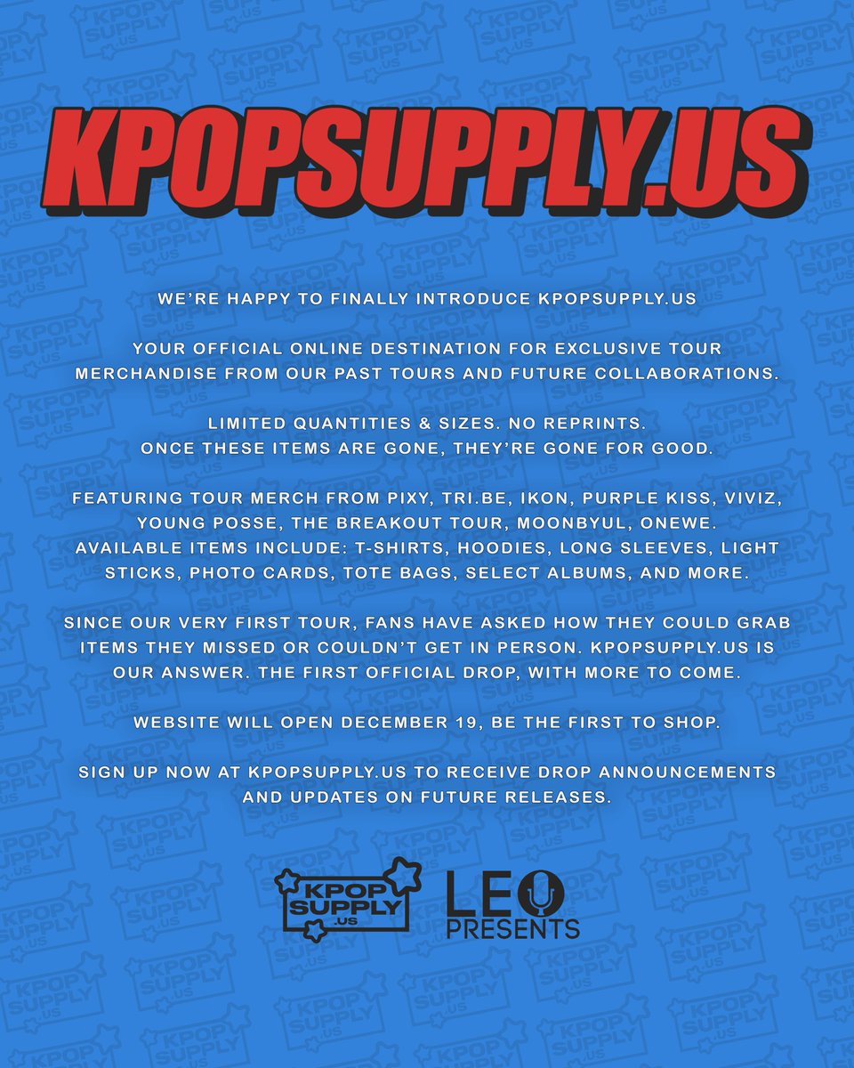 kpopsupplyus's tweet photo. Introducing https://t.co/R9FHpkvh4m
Exclusive K-pop merchandise.
Launching December 19.
https://t.co/R9FHpkvh4m https://t.co/IyTKlFSd5s