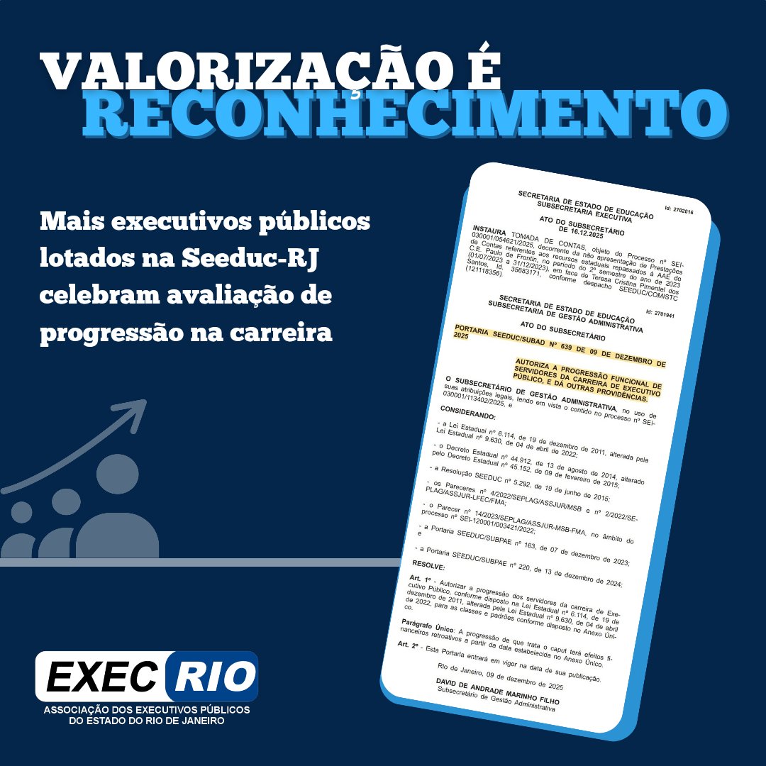execrio's tweet image. A Exec Rio celebra a progressão na carreira dos Assistentes Executivos da @Seeduc_RJ, publicada no Diário Oficial de hoje (17/12). Parabéns a todos!