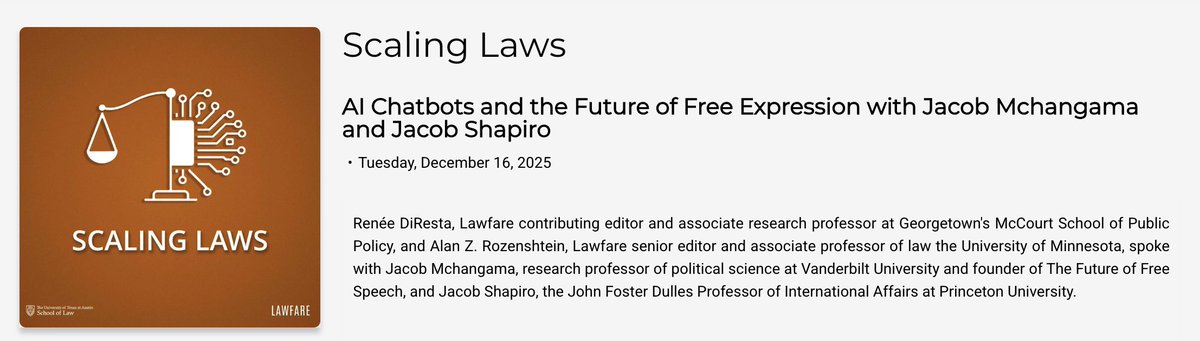 scaling_laws's tweet image. On the latest episode, @ARozenshtein and @noUpside speak with @JMchangama and @Princeton's Jacob Shapiro about a new report examining how AI models handle contested speech and the tension between free expression principles and concerns about manipulation in AI systems.