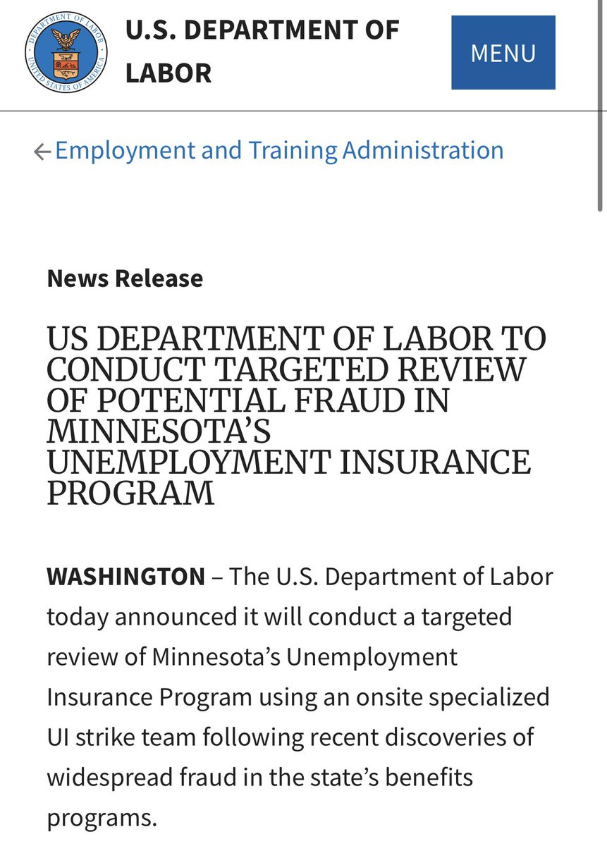 .<a href="/USDOL/">U.S. Department of Labor</a> is sending a team of fraud investigators to Minnesota to identify possible unemployment insurance fraud. Under <a href="/GovTimWalz/">Governor Tim Walz</a>’ failed leadership Minnesota has spent hundreds of millions of dollars on improperly paid unemployment benefits. President <a href="/realDonaldTrump/">Donald J. Trump</a> and Sec.