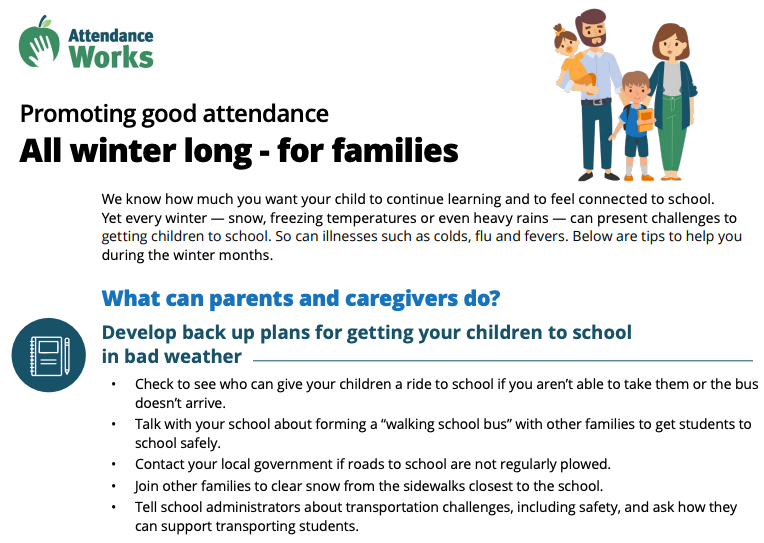 Cold or wet weather can present challenges to getting to school. We updated our winter attendance toolkit: “Stay the Course: Support Attendance in the Winter Months”. Find sample family letters &amp; practical tips. Spanish translations coming soon!
attendanceworks.org/resources/mess…