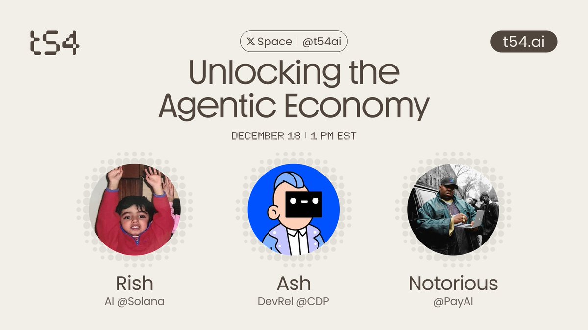 Tomorrow, we're hosting a space to discuss the latest on x402, its rapid growth on <a href="/solana/">Solana</a>, and what's ahead for the agentic economy next year.

Join us to hear from industry experts:
- <a href="/_rishinsharma/">Rish</a> - Head of AI <a href="/SolanaFndn/">Solana Foundation</a> 
- <a href="/Must_be_Ash/">Ash</a> - DevRel <a href="/CoinbaseDev/">Coinbase Developer Platform🛡️</a> 
-