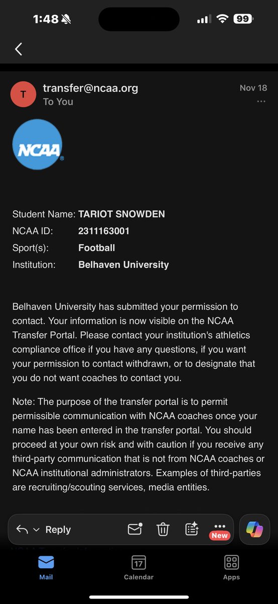 TariotSnowden8's tweet photo. Appreciate Belhaven for giving me an opportunity. I am very grateful for the staff for believing in me. With that being said I am officially entering the transfer portal with 3 years of eligibility left + a redshirt. @RecruitLouisian @EricRicheyVSN @JeritRoser https://t.co/qMhEQxu1xc