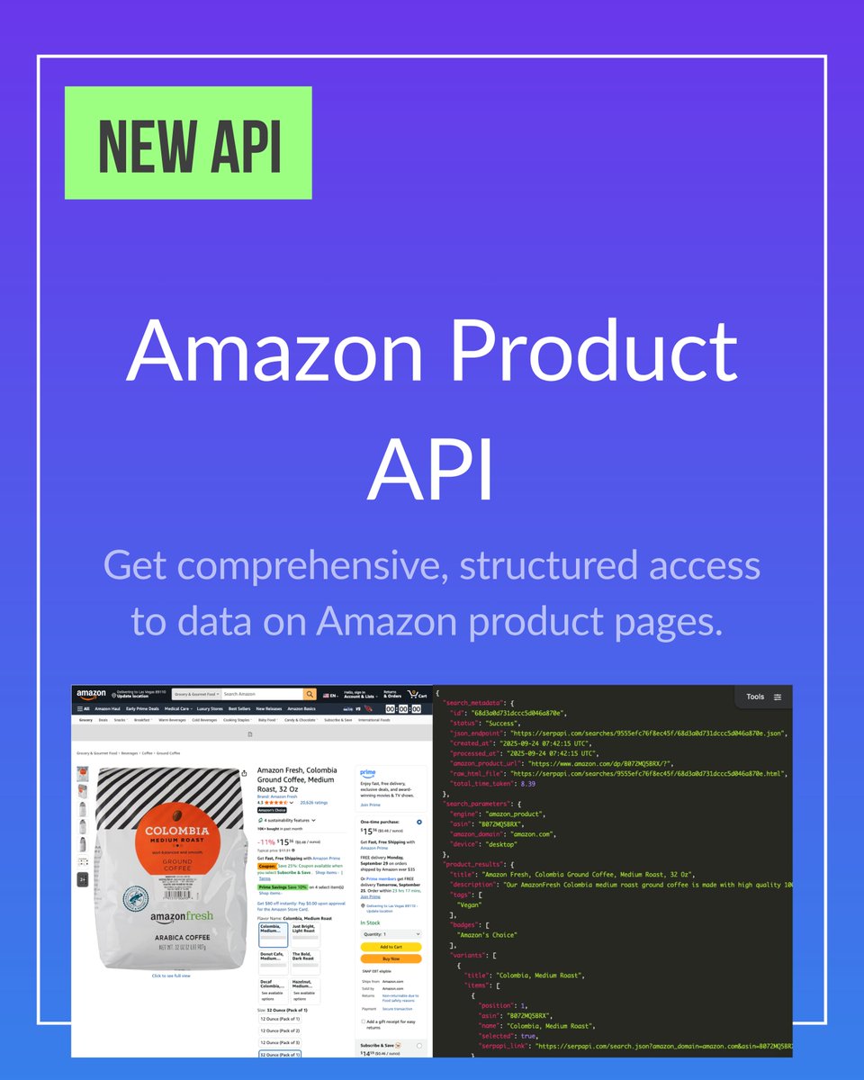 serpapi's tweet image. 🚀 New API Launch!

Introducing the Amazon Product API: Get comprehensive, structured access to data on Amazon product pages.

Full documentation: serpapi.com/amazon-product…

New here? You can sign up for a free account here: serpapi.com/users/sign_up

#SerpApi #SearchEngine #Scraping…