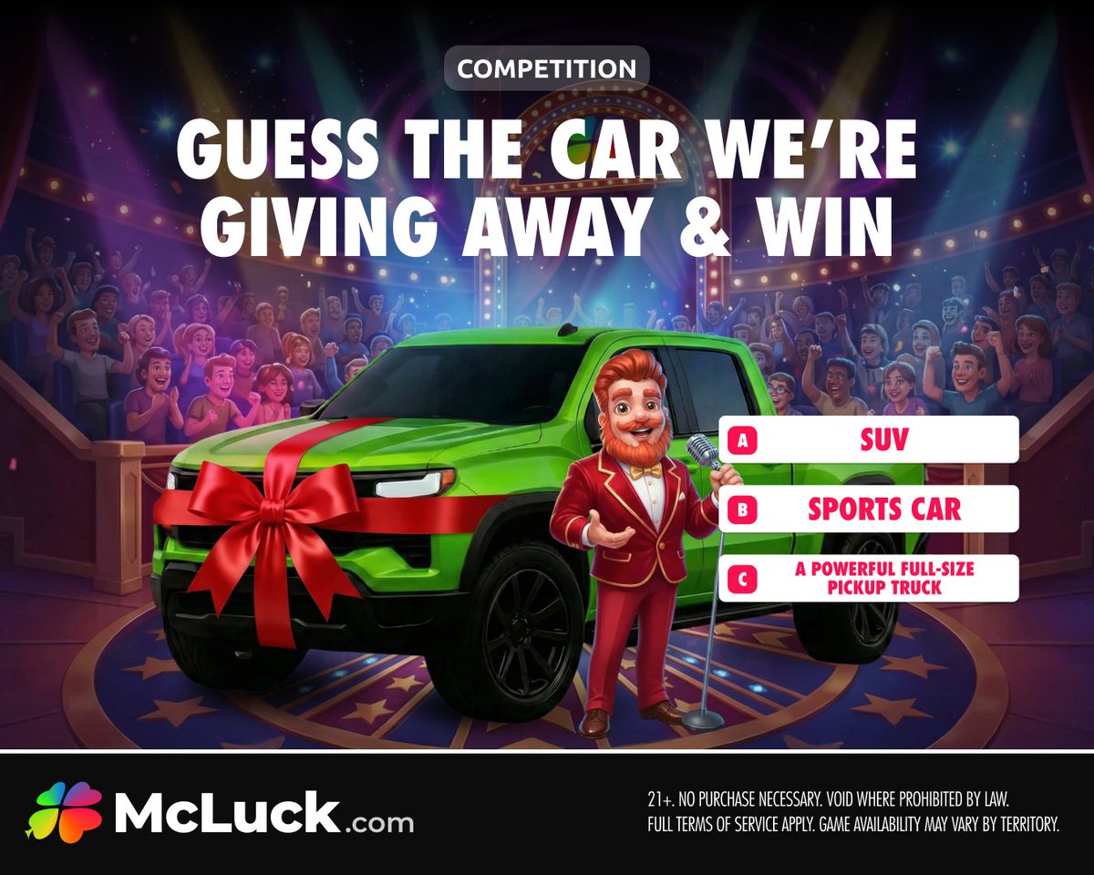 McLuckOfficial's tweet photo. 🔥 COMPETITION 🔥

The #McLuck Win a Car Christmas giveaway is LIVE! ✨

Collect up to 1,000 tickets all month long, starting with your FREE daily entry every time you log in.

Find all the details on our website 👉 https://t.co/suBEgljnM5

And tell us... Which car do you think we’re giving away? 🚗

Comment + #LuckCompetition to be 1 of 10 to WIN GC 40,000 + FREE SC 20! 🎁

Florida residents are excluded and not eligible to participate.

Ends Dec 17, 11:59PM PT.

Play Now! LINK IN BIO! 📲
