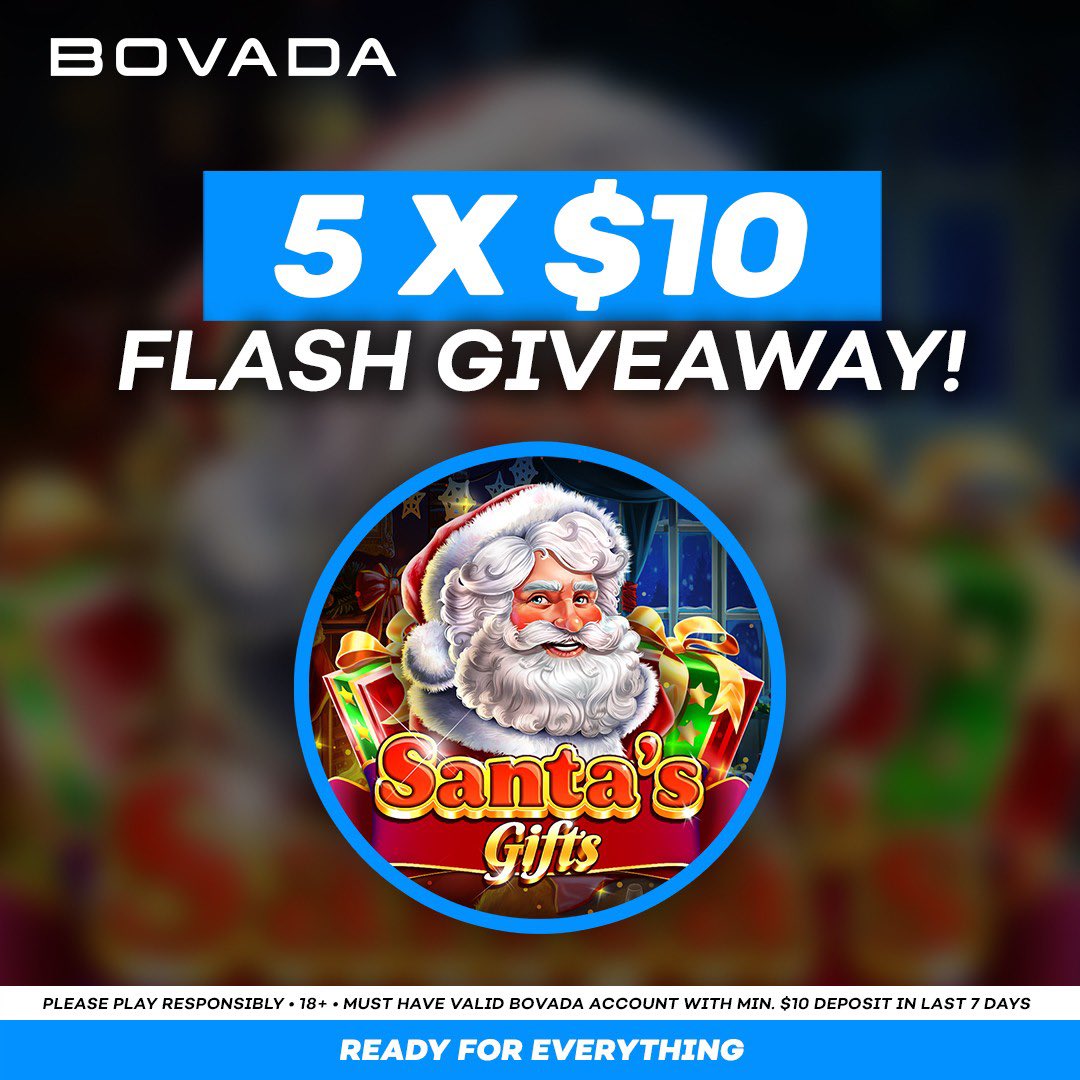 🚨 Santa’s Gifts Flash Giveaway 🚨

Who wants a bonus? We’ve got 5x$10 bonuses up for grabs!

To enter:
- 🔁 + Follow <a href="/Bovada_Casino/">Bovada Casino</a> 
- Drop a 🎁 in the comments

5 winners will be posted TODAY at 5PM EST! ⏳

Terms: bit.ly/3YpL9SK