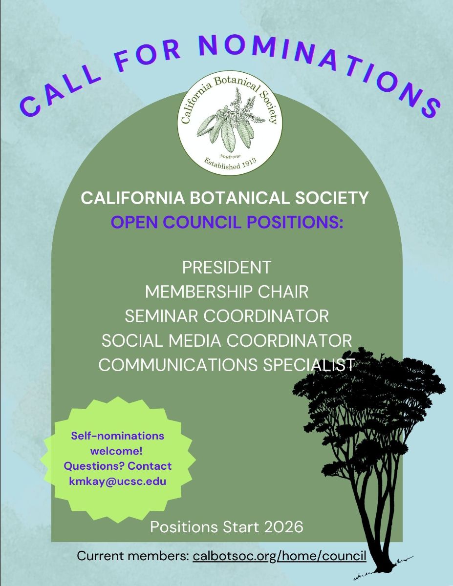 CalBotSoc's tweet image. Join in and help CalBotSoc grow the future of Western botany! 
Nominate yourself or others for council positions opening in 2026
mailchi.mp/2a77f7c25350/t…