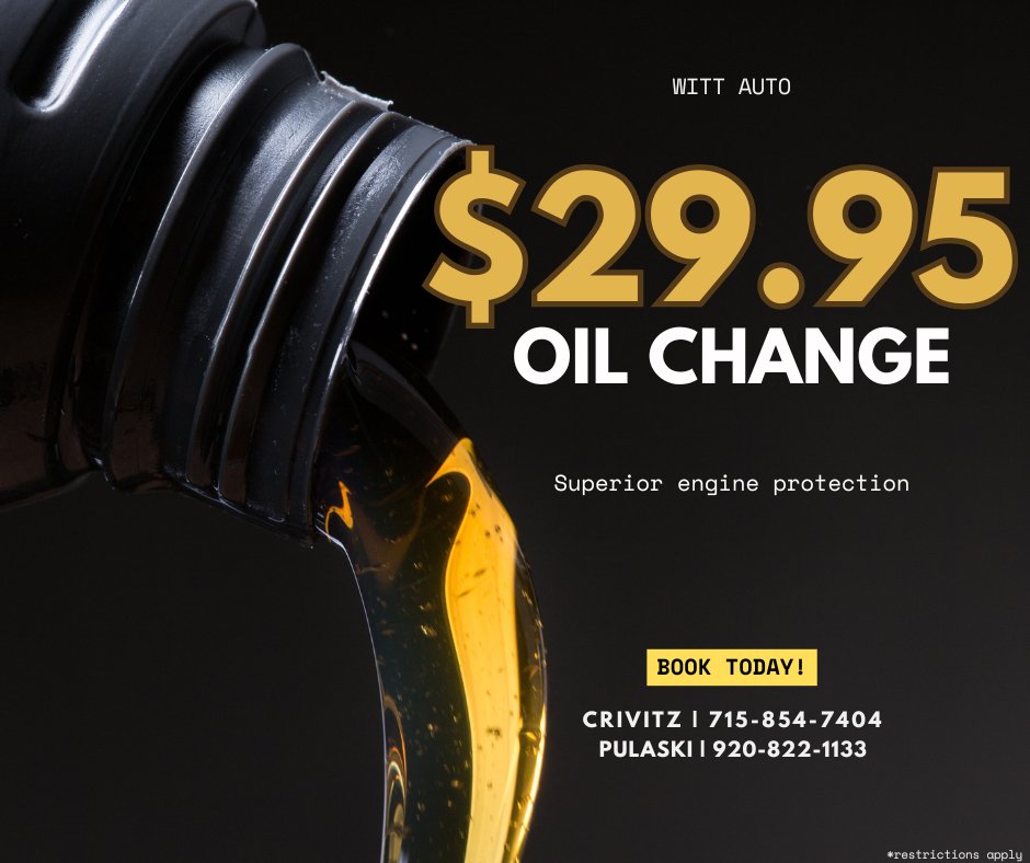 ✅ Stay road-ready! 

Stop by Witt Auto in Crivitz or Witt Family Ford in Pulaski and get your oil change for only $29.95! 

Don’t wait—keep your engine happy and your wallet full.

wittauto.com