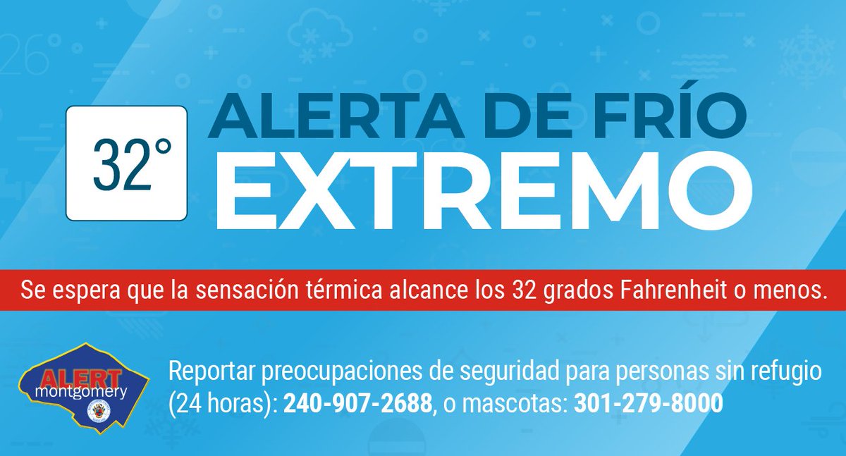 ReadyMontgomery's tweet image. Montgomery County has activated an Extreme Cold Alert from 1 am to 9 am, Thurs., 12/18. Expect the wind chill below 32 degrees F. Wear layers if you go outside. Take extra precautions if you spend significant time outdoors. More information: ow.ly/MbmL50XzMM6 #MoCo
