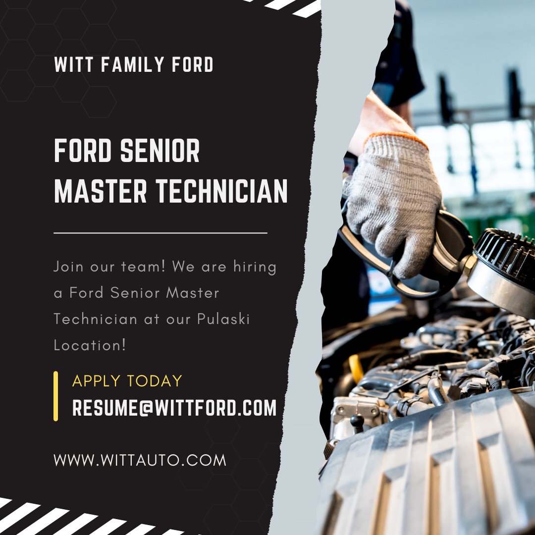 Join our team today!

We are hiring a Ford Senior Master Technician at our Pulaski location.
Apply now and take the next step in your career.

Email your resume to resume@wittford.com or apply on Indeed