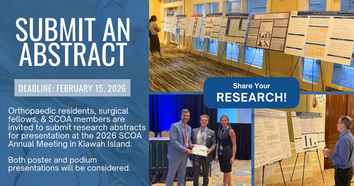 ScOrtho's tweet photo. We’re inviting orthopaedic residents, surgical fellows, and SCOA members to submit their latest research for presentation at the 2026 SCOA Annual Meeting.

Learn more &amp; get started: https://t.co/nojQm1aenL https://t.co/Scw1XJOTk6