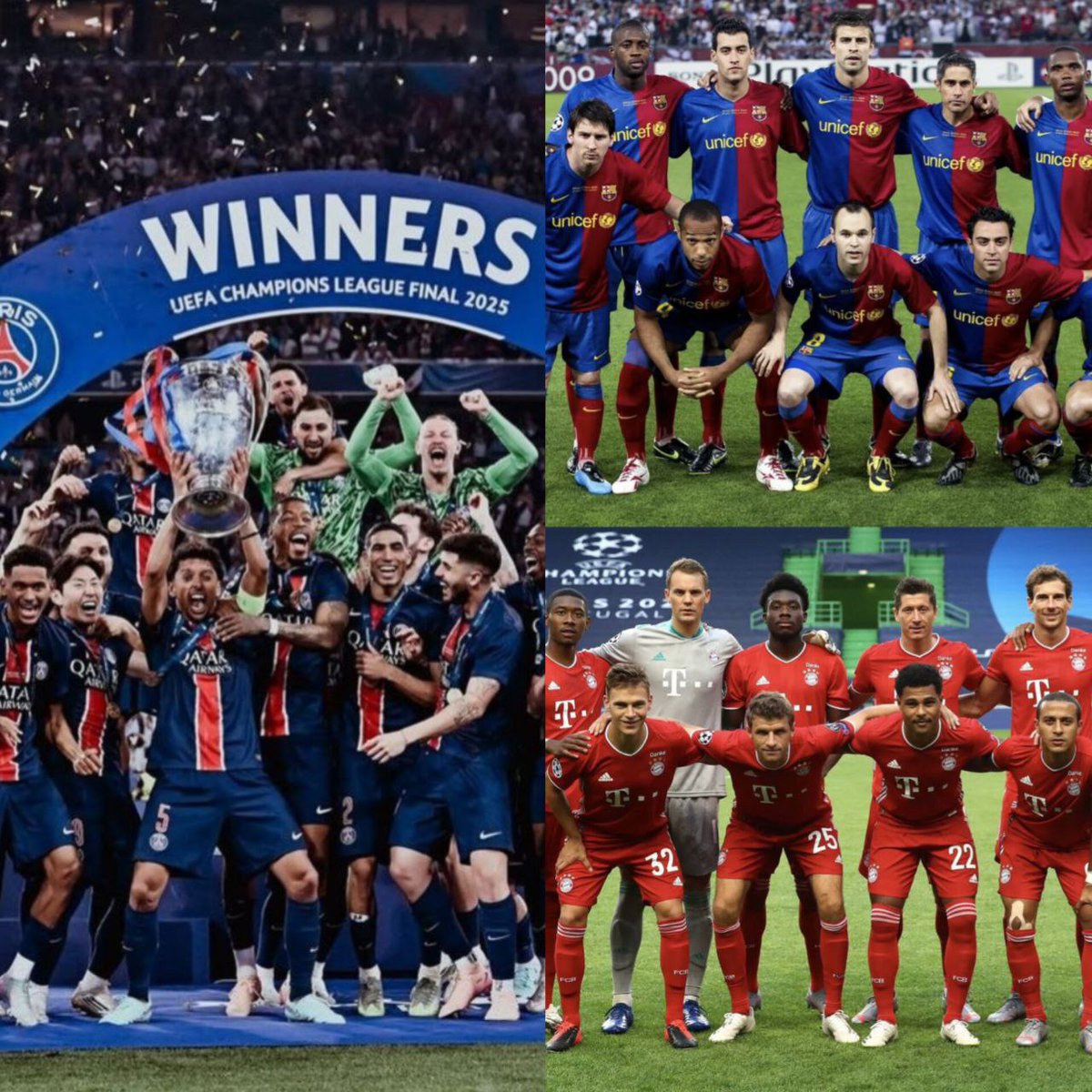 پاریس هم به جمع بایرن و بارسا پیوست و شدن تنها تیم هایی که در تاریخ فوتبال ۶ گانه گرفتن. نکته جالبش اینه دو سرمربی سابق و سرمربی کنونی بارسا، هدایت این ۳ تیم رو بر عهده داشتن.
یه تیمی هم هست بهش میگن پادشاه اروپا 
۱۲۵ سال از تاریخش گذشته هنوز ۳ گانه نگرفته