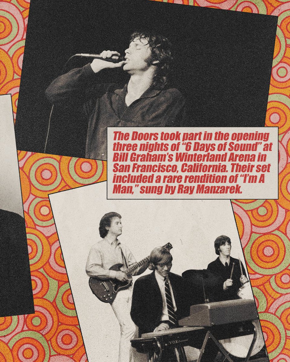 TheDoors's tweet image. On this day in 1967, The Doors took the stage at Bill Graham’s Winterland Arena in San Francisco for the “6 Days of Sound” event.

Photos by Joel Brodsky and Getty Images.

#TheDoors