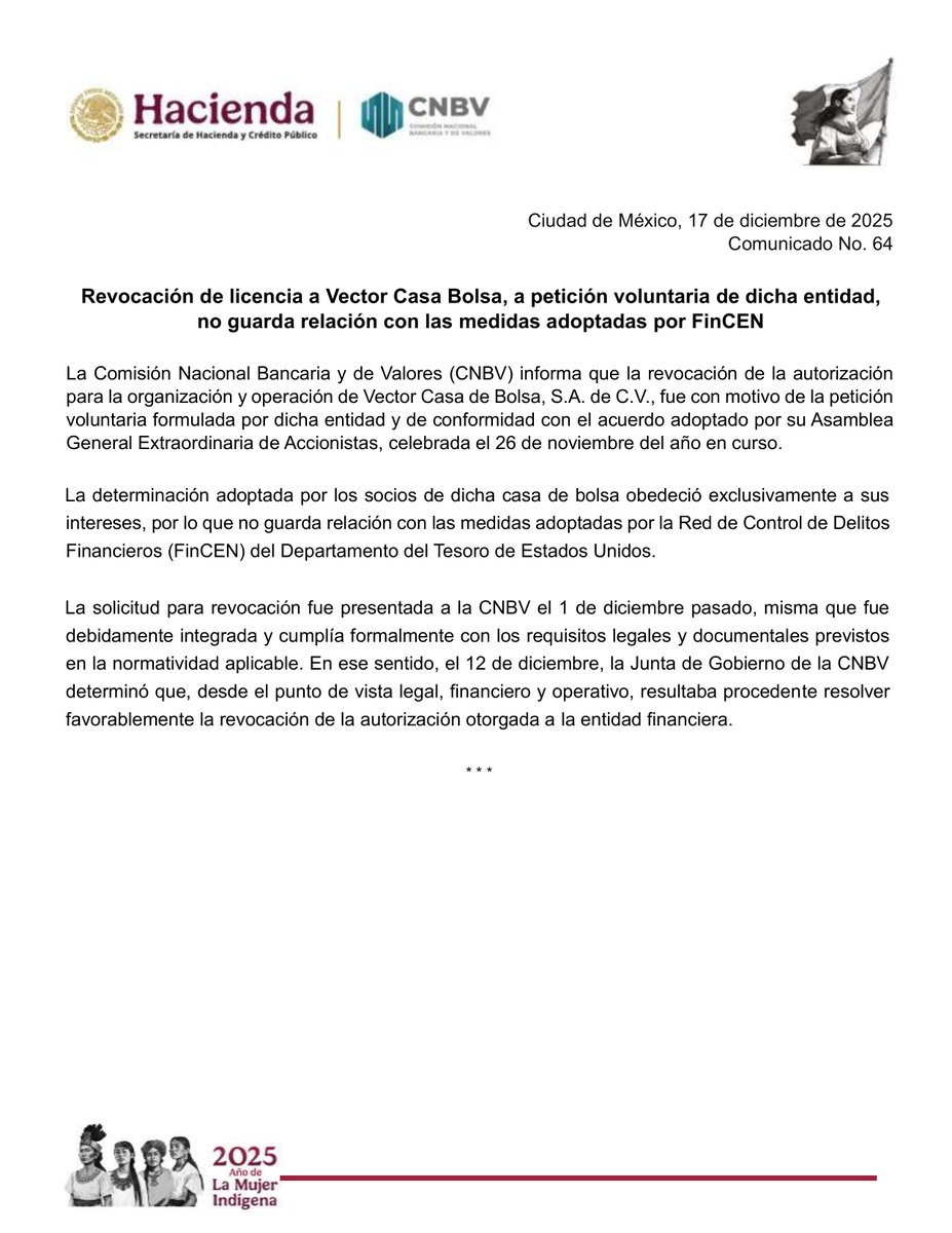 #Comunicado Hacienda

Revocación de licencia a Vector Casa Bolsa, a petición voluntaria de dicha entidad, no guarda relación con las medidas adoptadas por FinCEN.

La Comisión Nacional Bancaria y de Valores (CNBV) informa que la revocación de la autorización para la organización