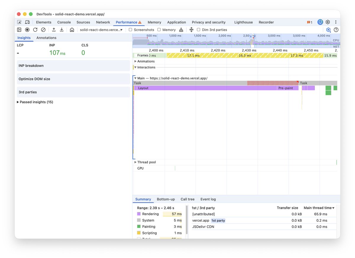 ryanflorence's tweet image. What I find most interesting is that the actually expensive work, the browser doing layout/paint/commit, is the same time for both: ~70ms

React just goofs around releasing the thread a few times before deciding to actually tell the browser to go.