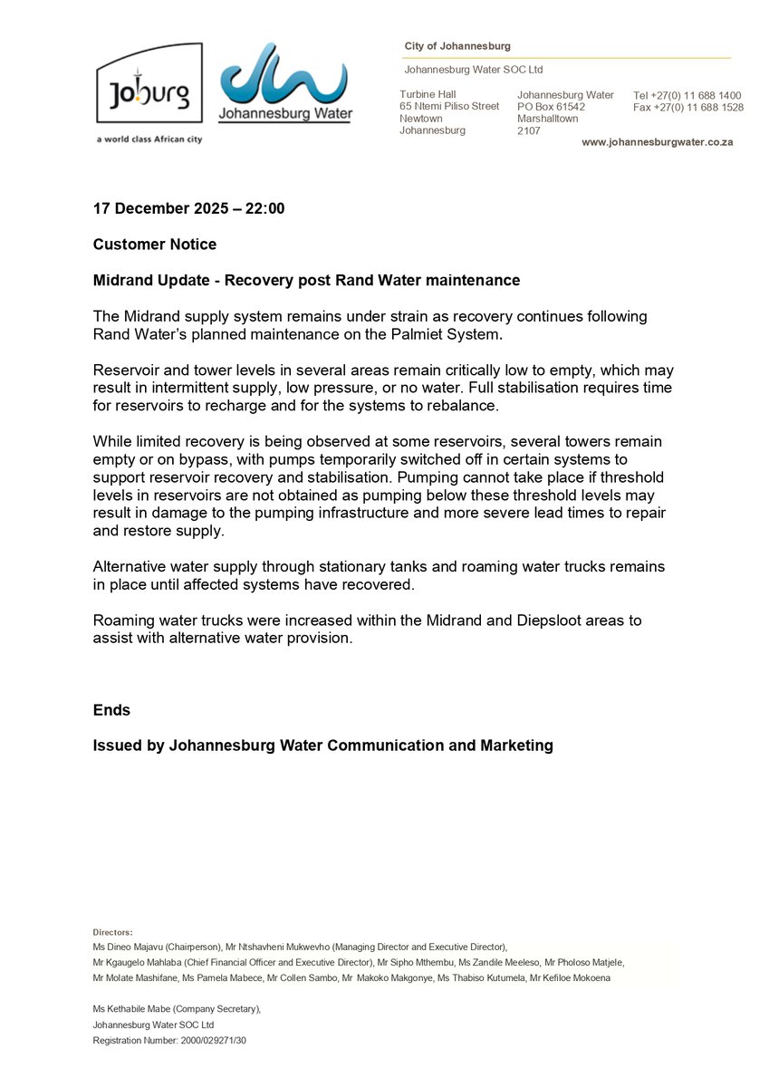 JHBWater's tweet photo. #JoburgUpdates.
Midrand Update - Recovery post Rand Water maintenance. ^PM https://t.co/5FFzDqLKhL