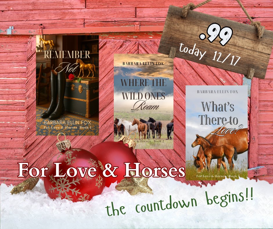 The For Love &amp; Horses series is on Amazon Countdown Deals. Today all three ebooks are .99 each. If you ever wanted to own them, now is the time!
Remember Not amzn.to/44ZYS4E,
Where the Wild Ones Roam amzn.to/3SM6kgJ
What’s There to Love? amzn.to/4cFqdg7