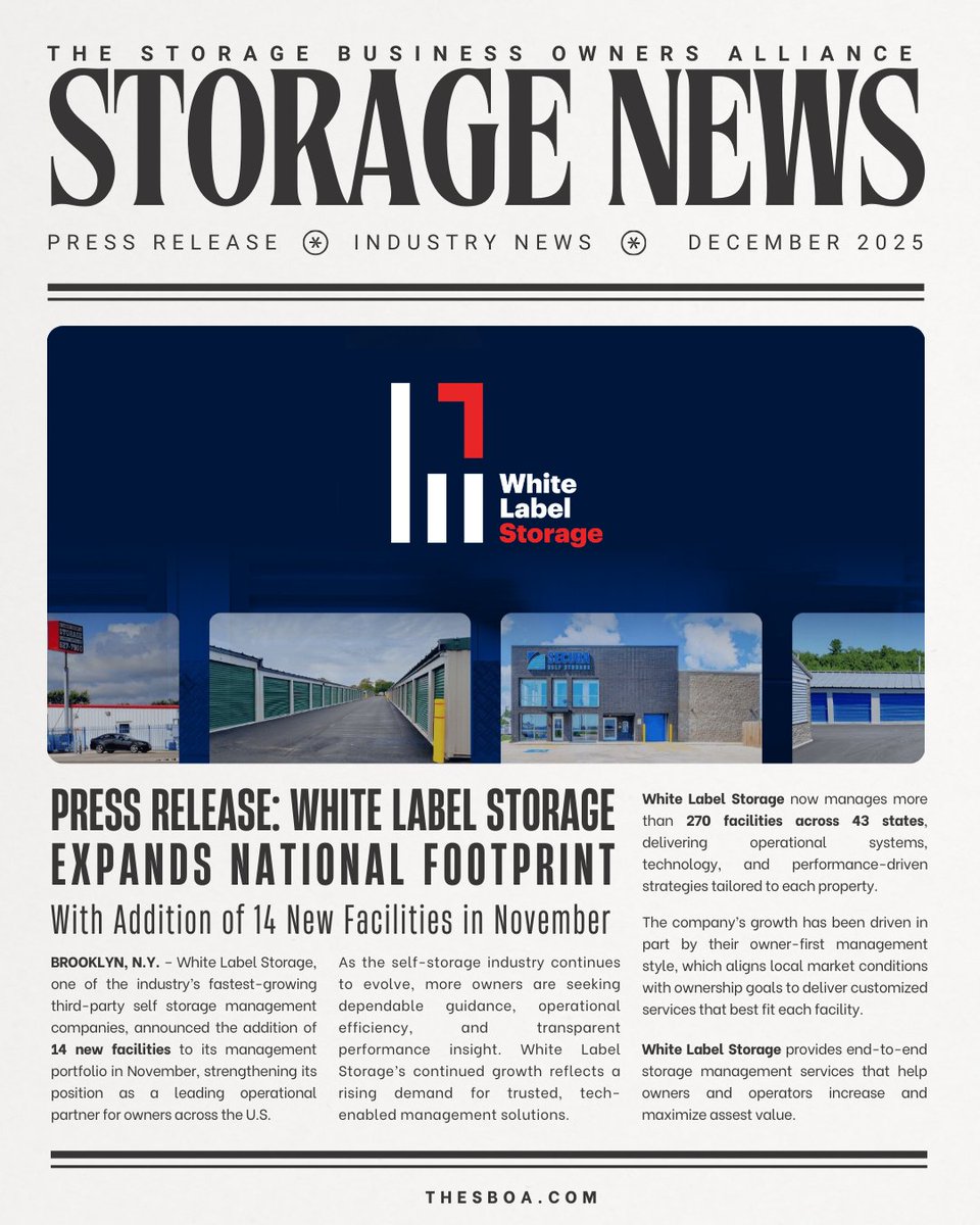 📣 Extra! Extra! Read all about it: White Label Storage Expands National Footprint with Addition of 14 New Facilities in November.
Read more here: bit.ly/WhiteLabelStor…

Learn more about White Label Storage here: thesboa.com/vendors/White-…