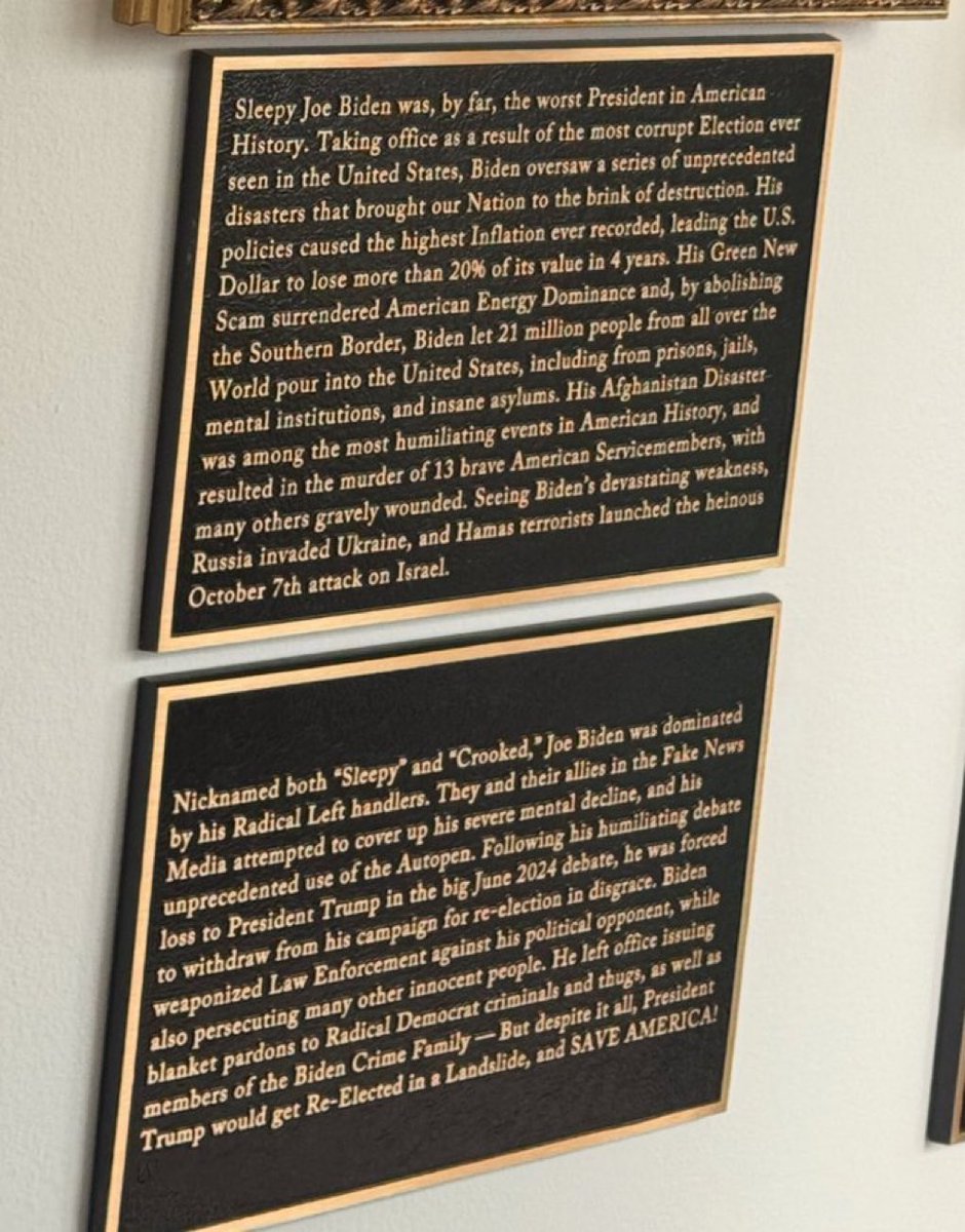 MonicaCrowley's tweet image. Biden’s new plaques on the Presidential Walk of Fame at the White House. 

Read them now 💀