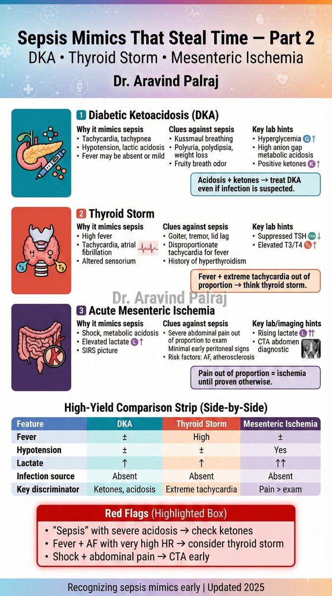 Rheumat_Aravind's tweet image. Not every “septic” patient has infection.

Severe acidosis? Check ketones.
Fever + AF with extreme tachycardia? Think thyroid storm.
Shock + abdominal pain? CTA early.

Sepsis mimics steal time. Pattern recognition gives it back.

#InternalMedicine #EmergencyMedicine @DrAkhilX