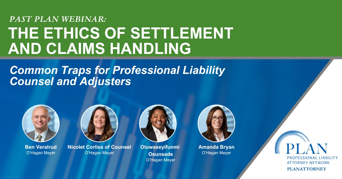 P_L_A_N__'s tweet photo. "Check out the recent PLAN Webinar recording: ""The Ethics of Settlement and Claims Handling: Common Traps for Professional Liability Counsel and Adjusters"" to learn about ethical traps in settlement claims.

Access the webinar recording here: https://t.co/QbuUy6OMYT" https://t.co/Y5mhg5N5x8