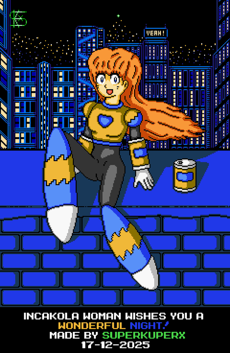 SuperKuperX's tweet photo. Hi again!
Inca Kola Woman it's back for you!
Don't forget give heart, share and follow. :D
#MegaMan #MegaManStyle #MegaManArt #DigitalArtist #pixelartist #artwork #arte #IncaKola #CocaCola #Peru https://t.co/SzFbsqvHDm