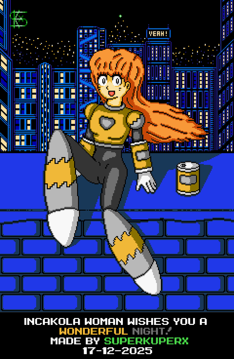 SuperKuperX's tweet photo. Hi again!
Inca Kola Woman it's back for you!
Don't forget give heart, share and follow. :D
#MegaMan #MegaManStyle #MegaManArt #DigitalArtist #pixelartist #artwork #arte #IncaKola #CocaCola #Peru https://t.co/SzFbsqvHDm