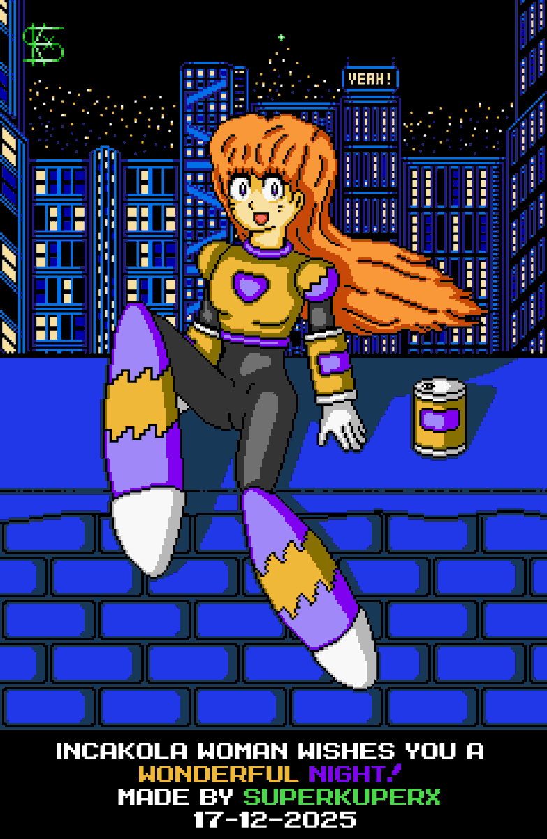 SuperKuperX's tweet photo. Hi again!
Inca Kola Woman it's back for you!
Don't forget give heart, share and follow. :D
#MegaMan #MegaManStyle #MegaManArt #DigitalArtist #pixelartist #artwork #arte #IncaKola #CocaCola #Peru https://t.co/SzFbsqvHDm