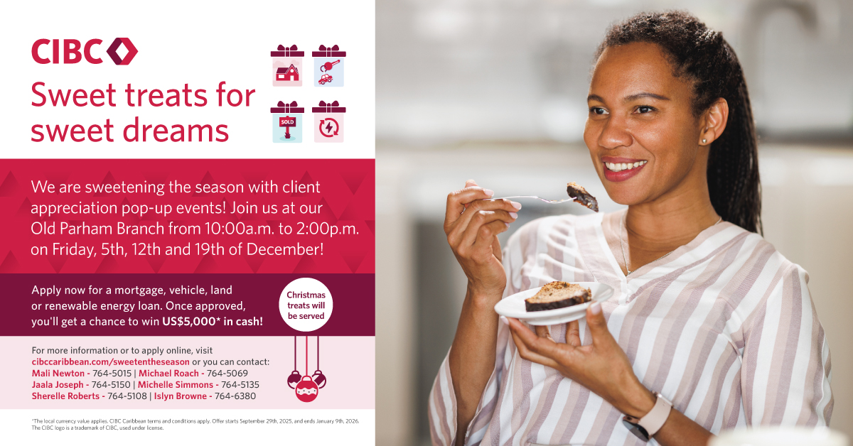 #Antigua Sweet treats for sweet dreams!

We are sweetening the season with client appreciation pop-up events. 

Join us at our Old Parham Branch from 10:00 a.m. to 2:00p.m. on Friday, 5th, 12th and 19th of December.

Apply now for a mortgage, vehicle, land or renewable energy