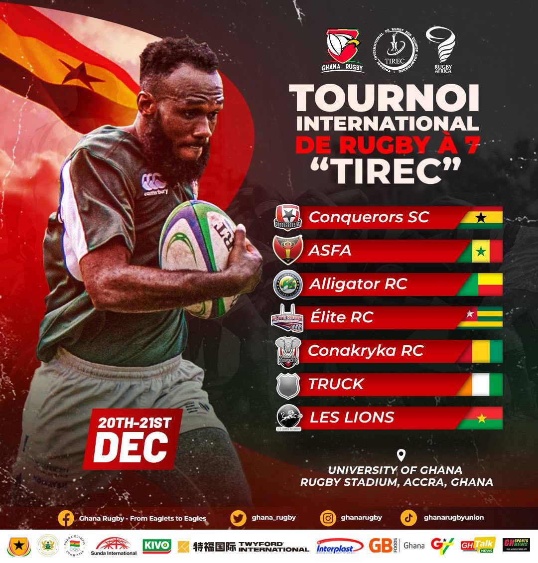 Rugby 7s returns to Accra 🇬🇭🏉

The TIREC International Rugby 7s lands in Ghana with top clubs from across Africa set for two days of fast, physical action.

📅 20–21 Dec
📍 UG Rugby Stadium

Conquerors SC | ASFA | Alligator RC | Élite RC | Conakryka RC | TRUCK | Les Lions
