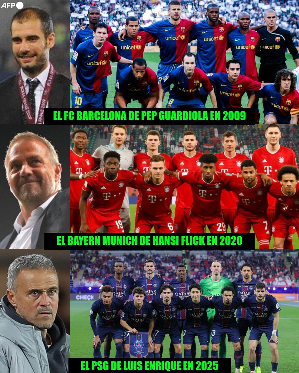 ¡¡DE PIE ANTE LOS EQUIPOS DEL SEXTETE!!

➤ El FC Barcelona de Pep Guardiola en 2009.
➤ El Bayern Munich de Hansi Flick en 2020.
➤ El PSG de Luis Enrique en 2025.

Los 3 equipos europeos que lograron ganar ¡¡6 TÍTULOS!! en un año. Campeones de todo lo doméstico, campeones de