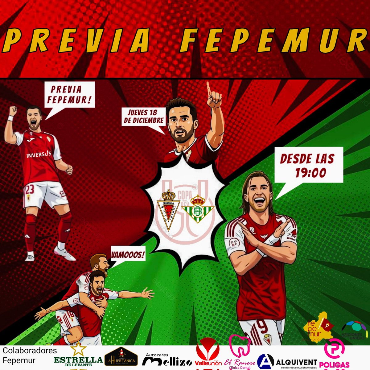🔴 PREVIA FEPEMUR 🔴 

Mañana te esperamos con la mejor previa!!!

Desde las 19:00h disfruta de la mejor música murcianista, de tus mejores 🥧🍕🥟 y del mejor ambiente para calentar bien la garganta 🗣️ para animar a nuestro Real Murcia ❤️🤍 

Te lo vas a perder? 🤔