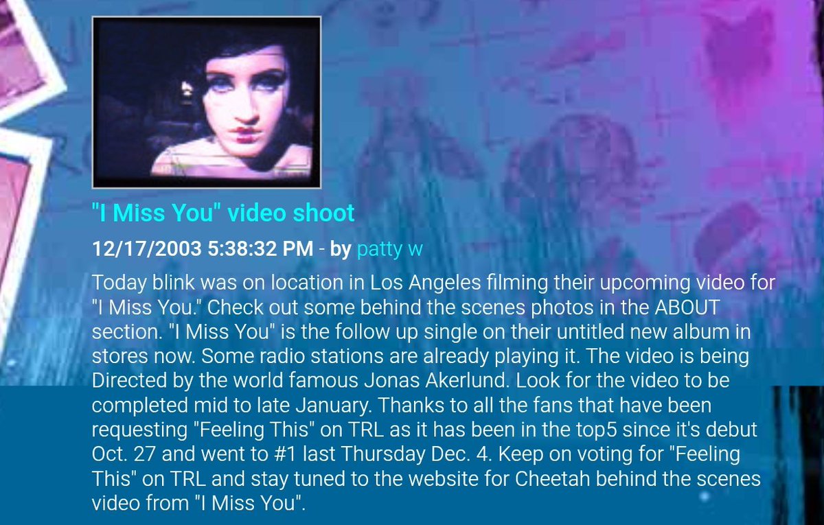 blink182py's tweet image. 📅 17 DE DICIEMBRE DEL 2003
Hace 22 años blink-182 filmó el vídeo de "I Miss You".

"Hoy blink-182 estuvo en Los Ángeles filmando su próximo video de "I Miss You.
I Miss You es el siguiente sencillo de su nuevo álbum "Untitled" que ya está disponible en las tiendas, algunas…