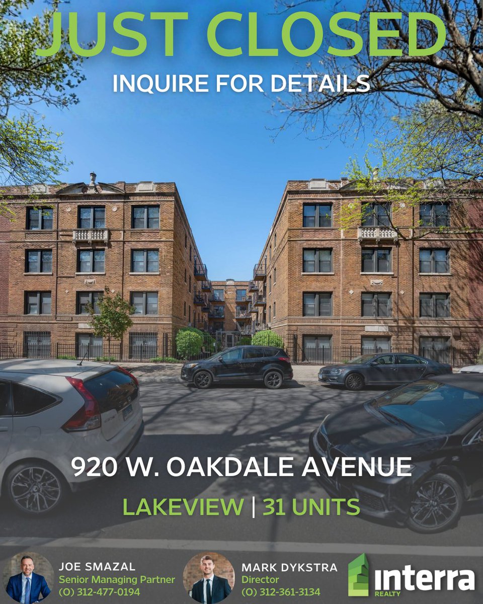 InterraRealty's tweet image. JUST CLOSED | Lakeview
Congratulations to Interra Realty's Joe Smazal and Mark Dykstra for their recent sale of this 31-unit courtyard building in Chicago's Lakeview neighborhood.

Contact Joe and Mark for more details on the sale.
#CRE #Multifamily #Courtyard #Lakeview #Chicago