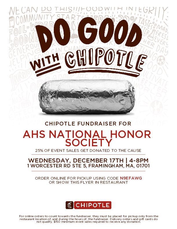 Not sure what to do for dinner tonight?  Head to Chipotle Framingham &amp; support AHS NHS fundraiser to benefit <a href="/BloodCancerUtd/">Blood Cancer United</a> (formerly Leukemia and Lymphoma Society). Between 4-8 pm tonight, we earn 25% of all orders placed that mention our event.  Thanks for your support!