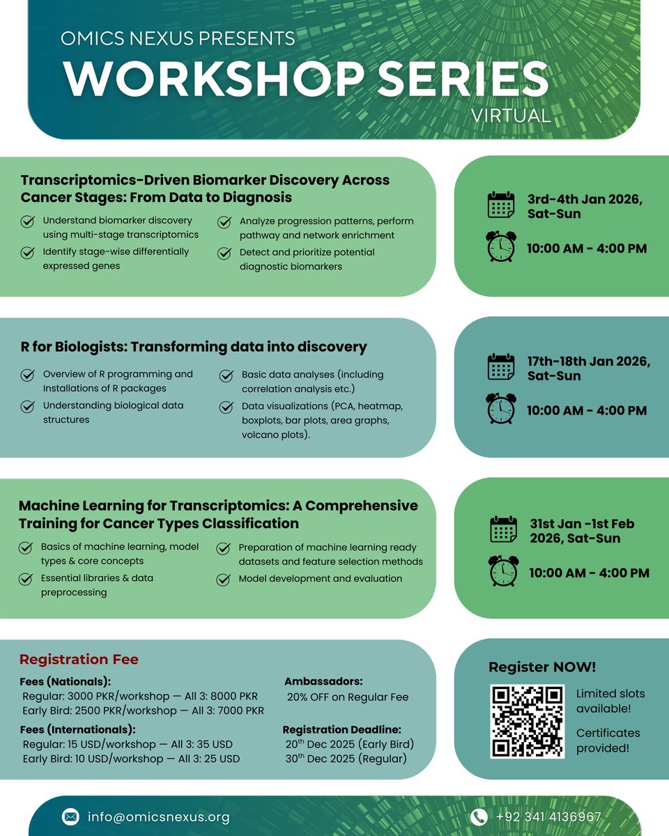 omicsnexuslabs's tweet image. Kickstart 2026 with our 3-workshop bioinformatics series.
→ Biomarker Discovery (3–4 Jan)
→ R for Biologists (17–18 Jan)
→ ML for Transcriptomics (31 Jan–1 Feb)
Limited slots. Early-bird open.

Register now: forms.gle/bsB7WSL63W9N4U…

#Bioinformatics #RProgramming #omicsnexus