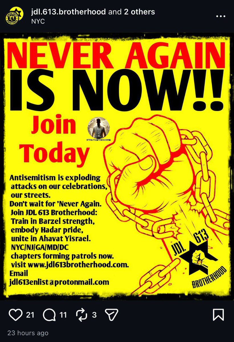 LadyAfro17's tweet photo. 17 dicembre 2025, USA
LA JDL APRE IL RECLUTAMENTO DI TERRORISTI EBREI
Senza subire alcuna censura
La Jewish Defense League ( #JDL), un'organizzazione #terroristica designata dall' #FBI, sta reclutando# apertamente membri con sede ad #Atlanta, in #Georgia, a #New_York_City e in altri stati, e incitando alla violenza su Instagram.
Il gruppo gestisce almeno tre pagine, nessuna delle quali è stata sospesa, nonostante violino le linee guida di #Meta.
L'influencer ebrea americana #Laura_Loomer ha recentemente invitato a "riportare in auge" l'organizzazione terroristica.
#17dicembre #18dicembre
#USA #Jewish #AmericaNews
#ThisIsNotForMe #NotInMyName
#NonInMioNome
https://t.co/34XZpj34l9