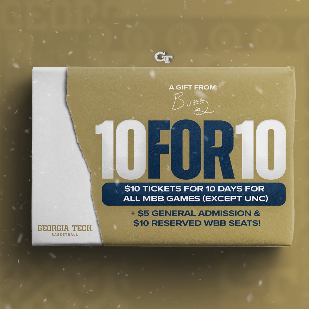 Buzz_GT's tweet photo. 2025's Most POPULAR Christmas Gifts:
🎁 Labubu
🎁 Electric Toothbrush
🎁 $10 GT Basketball Tickets

For the next 10 Days, $10 Tickets to @GTMBB Games and $5 Tickets to @GTWBB Games 🏀

🎫 https://t.co/zrBKPlNOvR

#StingEm 🐝 https://t.co/TvRCCZ87VI