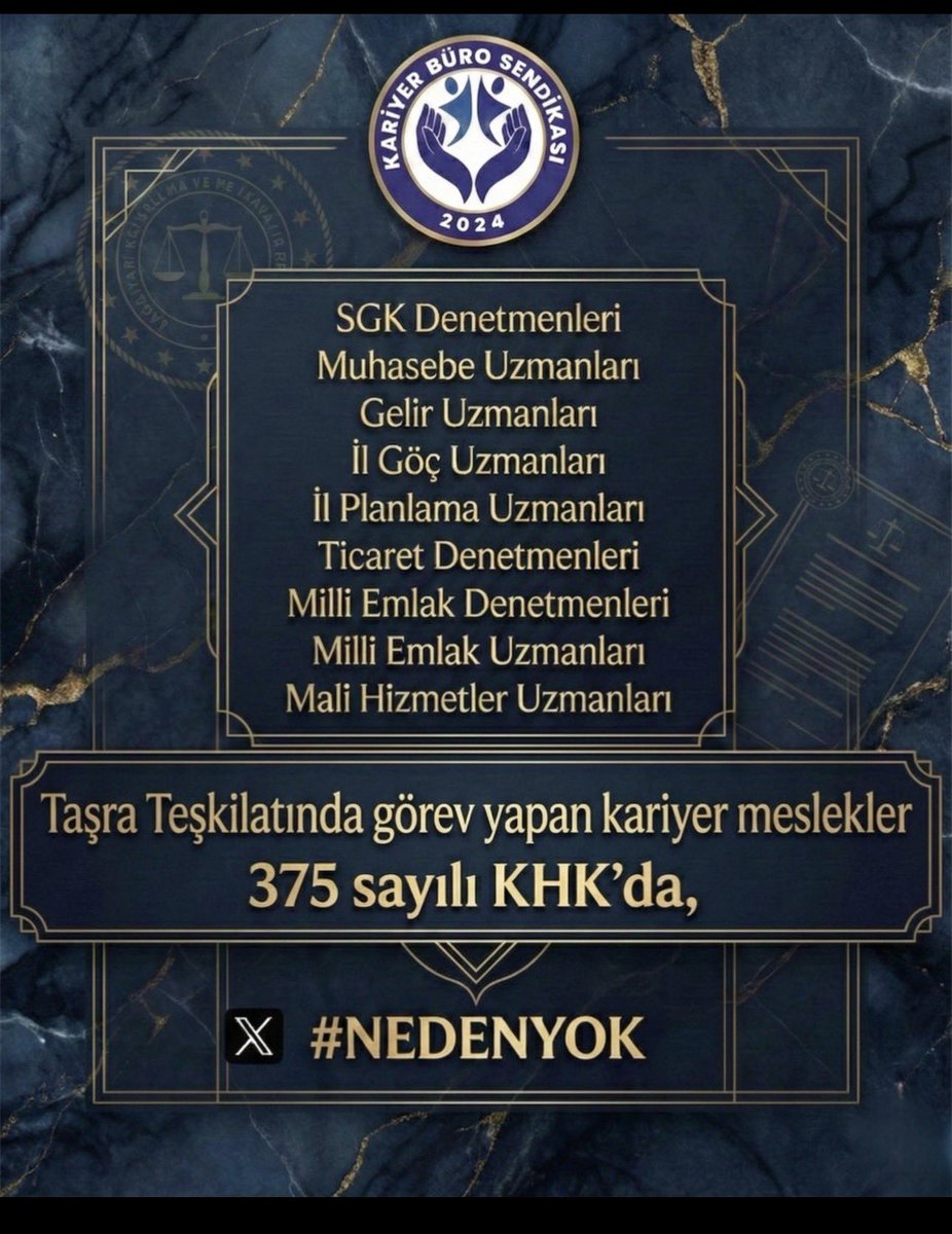 2011 yılında 666 sayılı KHK ile 375 sayılı KHK'ya dercedilen düzenlemeler, Gelir Uzmanlarını merkez kariyer uzmanlığı haklarından mahrum bırakmıştır. 14 yıldır süregelen bu 'merkez-taşra' ayrımı eşitlik ilkesineaykırıdırveacilendüzeltilmelidir.
#NedenYok <a href="/RTErdogan/">Recep Tayyip Erdoğan</a> <a href="/memetsimsek/">Mehmet Simsek</a>