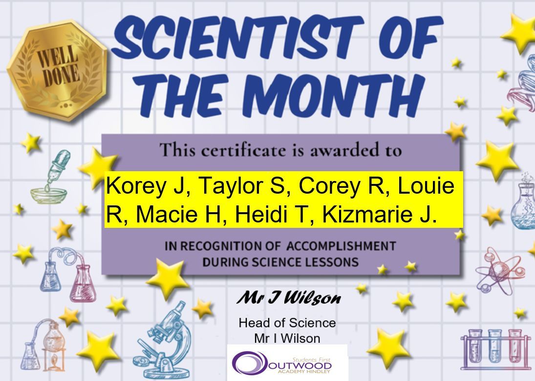 OutwoodHindley's tweet image. Presenting the December edition of Scientist of the Month - Well done to our budding young scientists in Year 7, 8 and 9! #TeamHindley #ScienceMatters