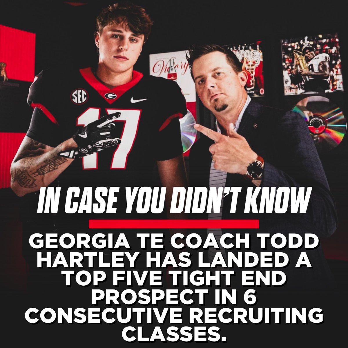 UGAfootballLive's tweet photo. #Georgia TE Coach Todd Hartley has brought in a top five tight end prospect in six consecutive classes. 😳

2021: Brock Bowers
2022: Oscar Delp
2023: Pearce Spurlin
2024: Jaden Reddell
2025: Elyiss Williams
2026: Kaiden Prothro https://t.co/0kXnNV9gth