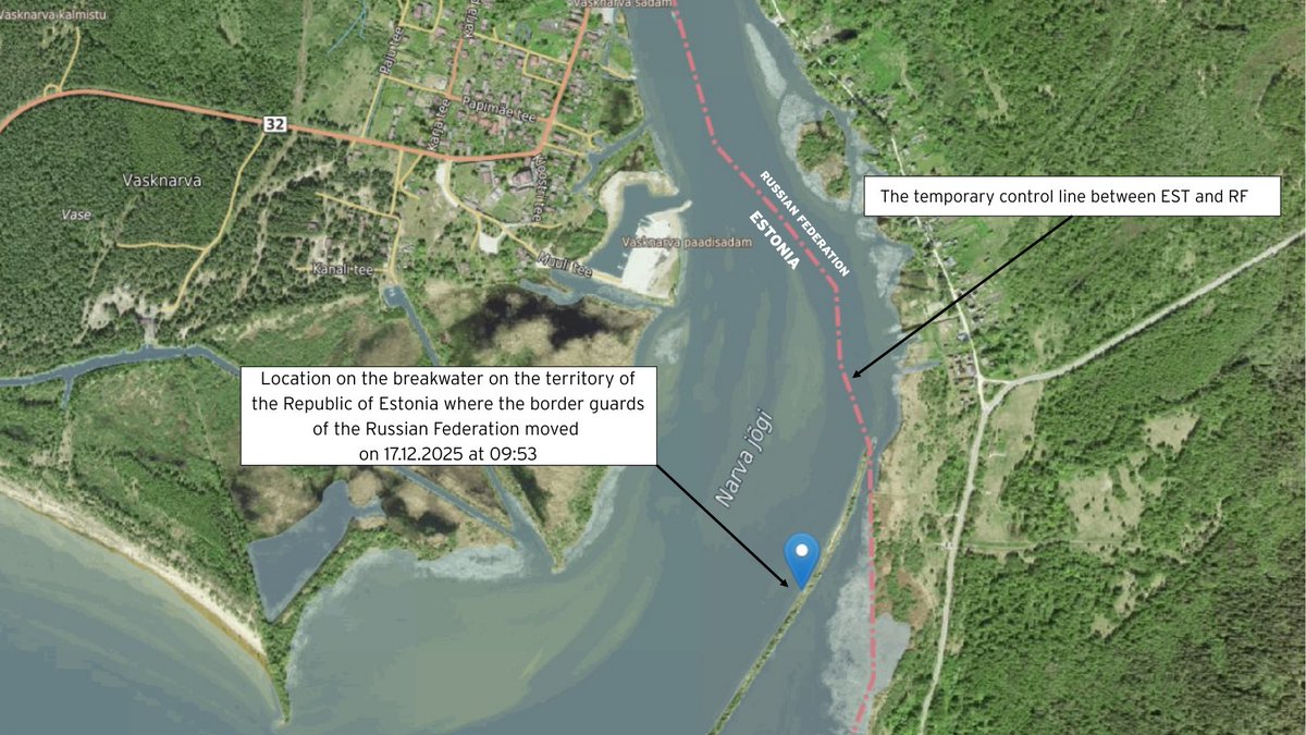 Today, the Estonian Police and Border Guard detected an illegal crossing of a temporary control line between Estonia and Russia on the Narva River breakwater by three border guards of the Russian Federation. The Estonian border guard patrols responded to the border incident.