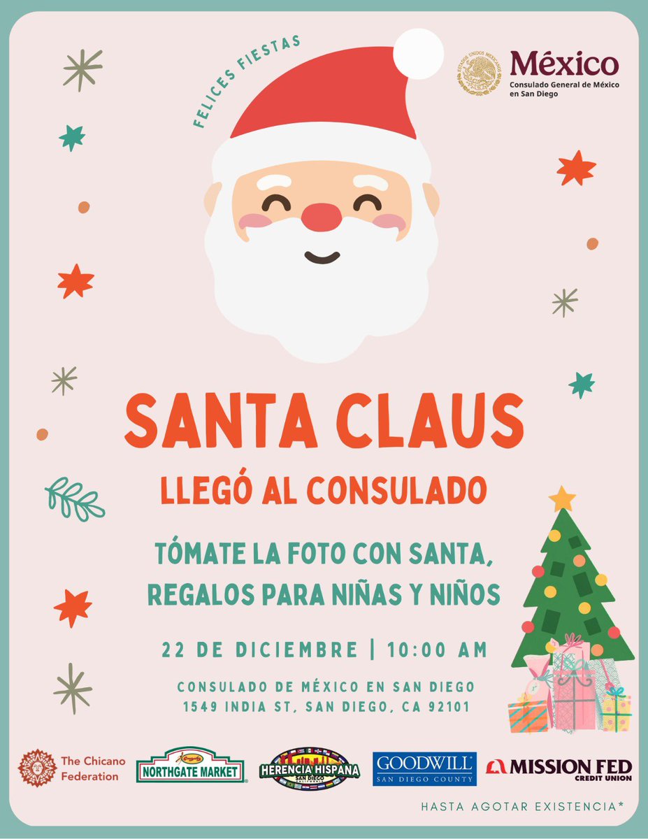 El Consulado de México 🇲🇽 invita este 22 de diciembre a todos los niños -hasta 12 años de edad- a visitar a Santa Claus en nuestra #PlazaMéxico. Tómate una foto, recibe tu regalo y vive un momento especial en familia.  De ⏰ 10:00 a.m. a 12:00 p.m.  
¡Los esperamos, no falten!