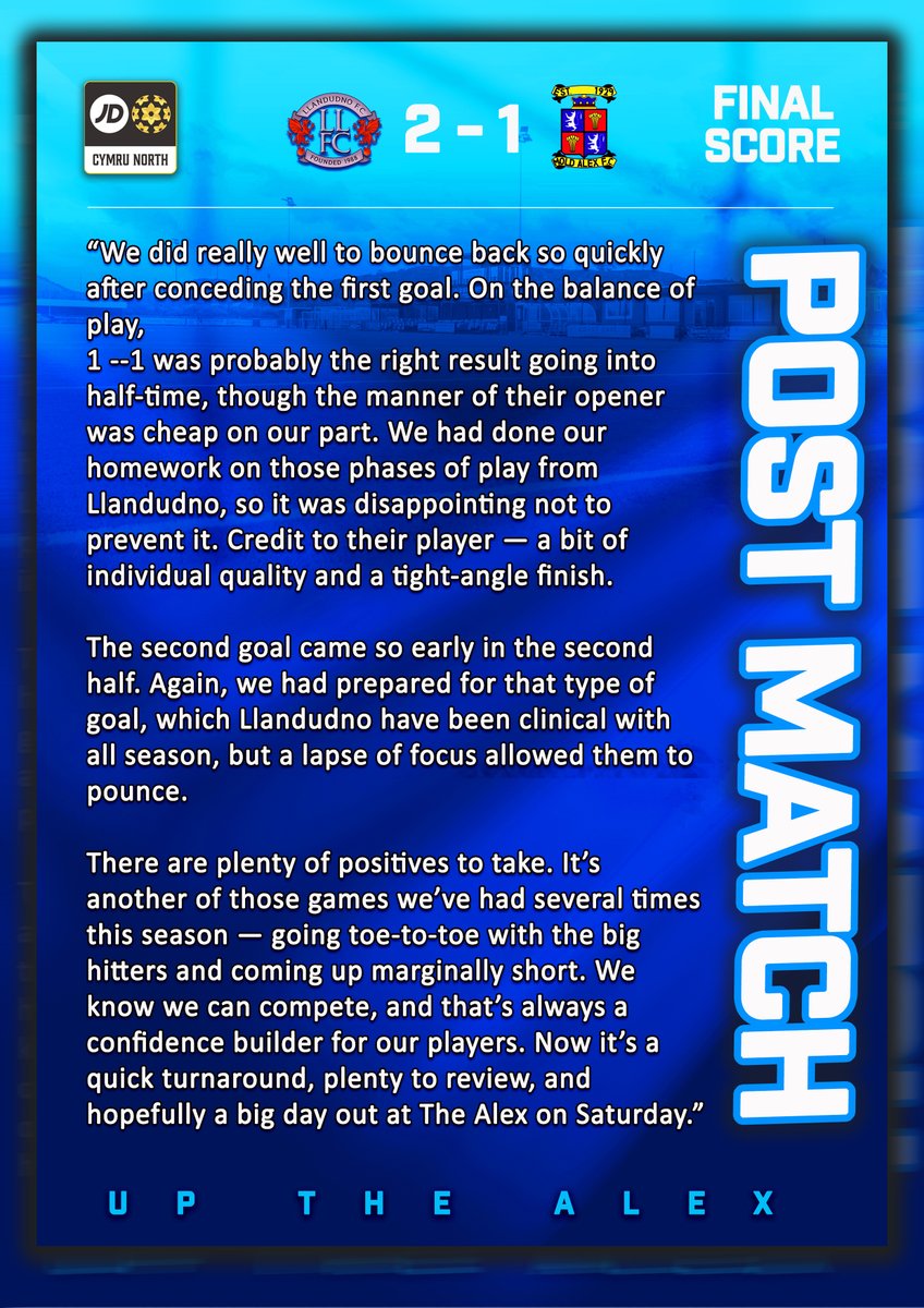 moldalexfc1929's tweet photo. “We showed we can go toe‑to‑toe with the league’s big hitters. Plenty of positives to take, and confidence to build on ahead of Saturday at The Alex.” ⚽️ 

The management took time to reflect on last nights result.

#MoldAlex #NorthWalesFootball #MatchReaction https://t.co/dLqq73TTxV