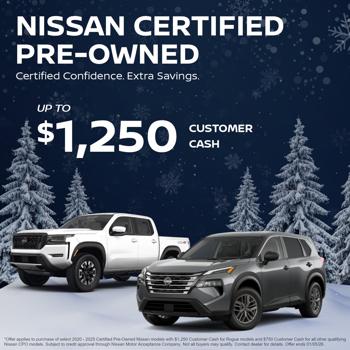 🚨 EXTRA SAVINGS on ALL Certified Pre-Owned Nissans! 🚨 

✅ CPO Nissan Rogues – EXTRA $1,250 OFF
✅ All other CPO Nissan models – EXTRA $750 OFF
💰 When you finance through Nissan Motor Acceptance Company (NMAC) by January 5, 2026.

👉 bdag.info/4p5HBR1