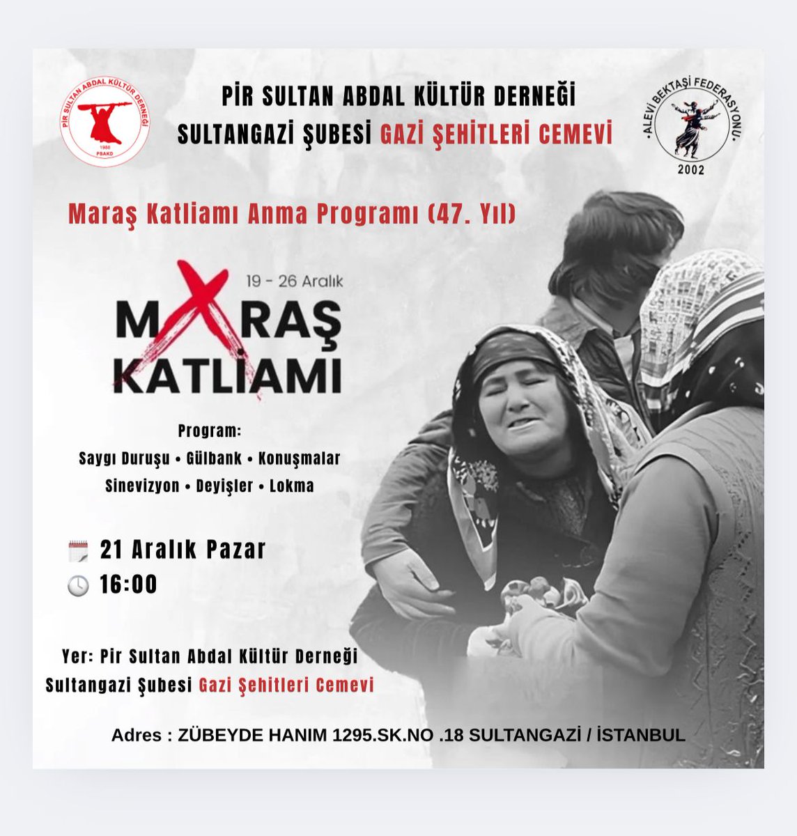 Maraş katliamında yitirdiğimiz canlarımızı anıyoruz!

21 Aralık Pazar günü 
Saat: 16.00 

Yer: PSAKD Sultangazi Şubesi 
Gazi Şehitleri Cemevi
