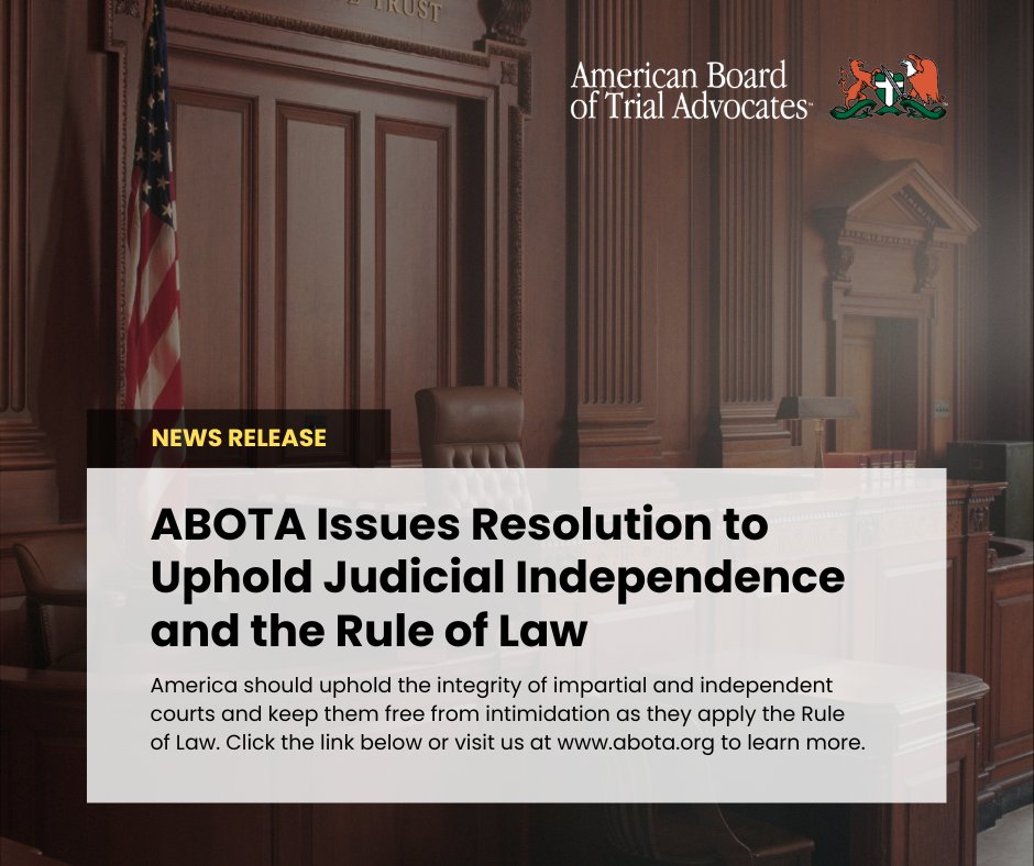 NationalABOTA's tweet photo. ABOTA has adopted a Resolution to uphold Judicial Independence &amp; the Rule of Law. Justice must remain free from intimidation. Read more: https://t.co/slwzqU9Sdr 
#RuleOfLaw #JudicialIndependence #ABOTA https://t.co/cECDMsucXG