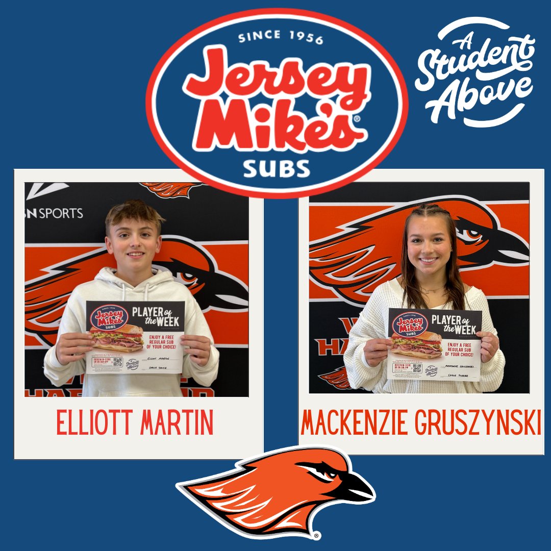 Congratulations to Boys Basketball Athlete, Elliott Martin and Gymnastics Athlete, Mackenzie Gruszynski of being named the Jersey Mike's Player of the Week. <a href="/jerseymikes/">Jersey Mike's Subs</a>  #ASTUDENTABOVE <a href="/HUHSBbasketball/">HUHS Boys Basketball</a>  <a href="/HUHS_Gymnastics/">HUHS_Gymnastics</a>