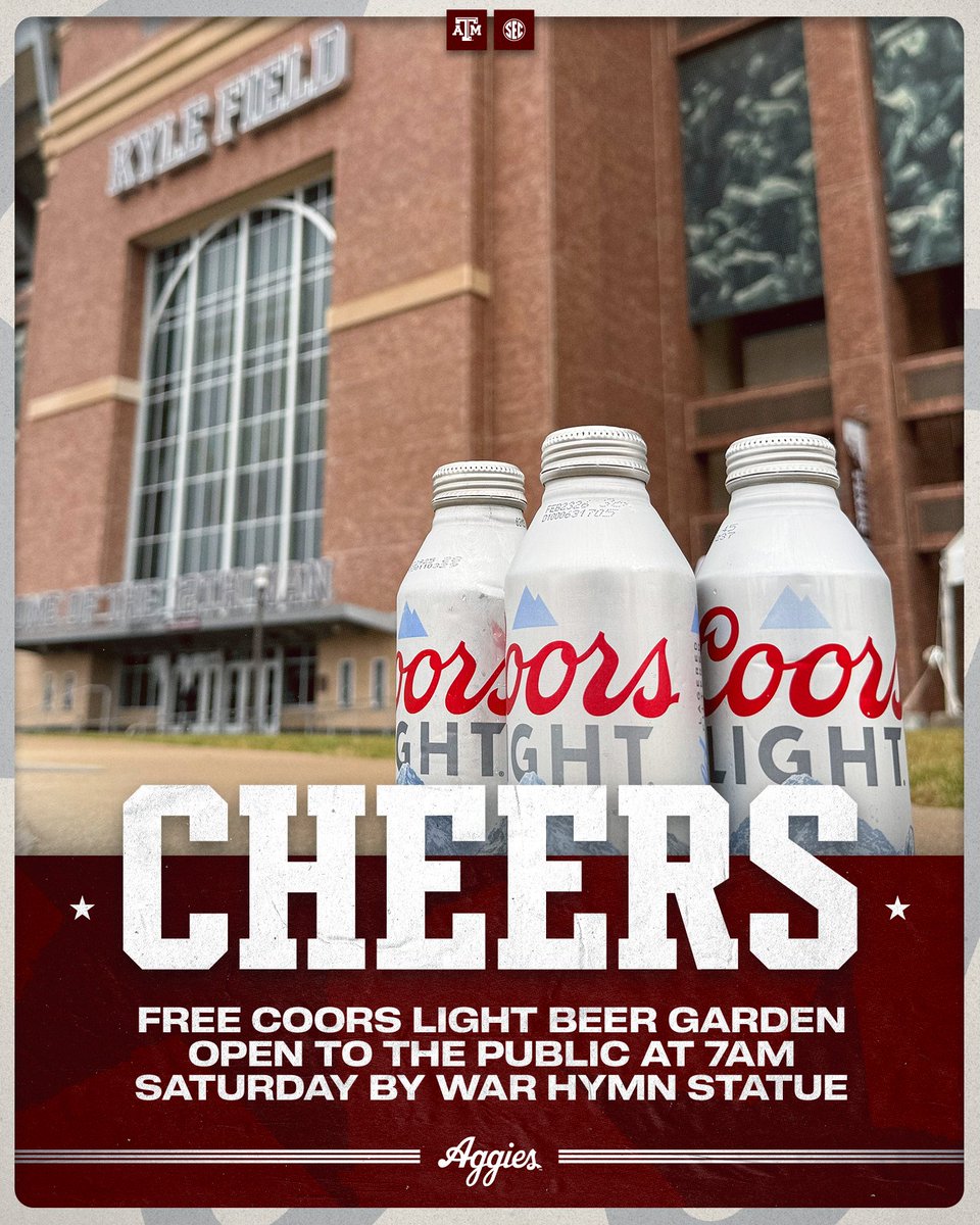 12thMan's tweet photo. Cheers, Ags! Join us pregame this Saturday at the Coors Light Beer garden 🍻

WHAT: Coors Light Beer Garden
WHEN: Saturday, 7 a.m. till kickoff
WHERE: East side of Kyle Field, outside Entry 8
COST: FREE to enter and open to the public
INFO: https://t.co/BmDSu2gJsY https://t.co/EMbNowNJJh