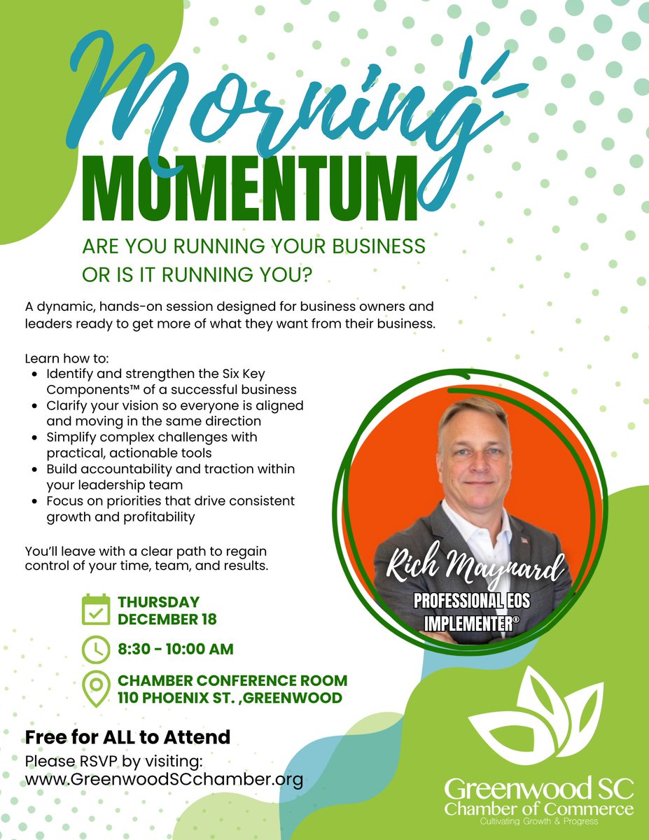 ⏰ Last Call! Morning Momentum is TOMORROW morning!

Join us for a FREE session with Rich Maynard, Professional EOS Implementer®, and gain clarity, focus, and traction in your business.

📅 Dec 18 | ⏰ 8:30–10 AM
📍 Greenwood SC Chamber

🔗 RSVP: loom.ly/AMPt-08